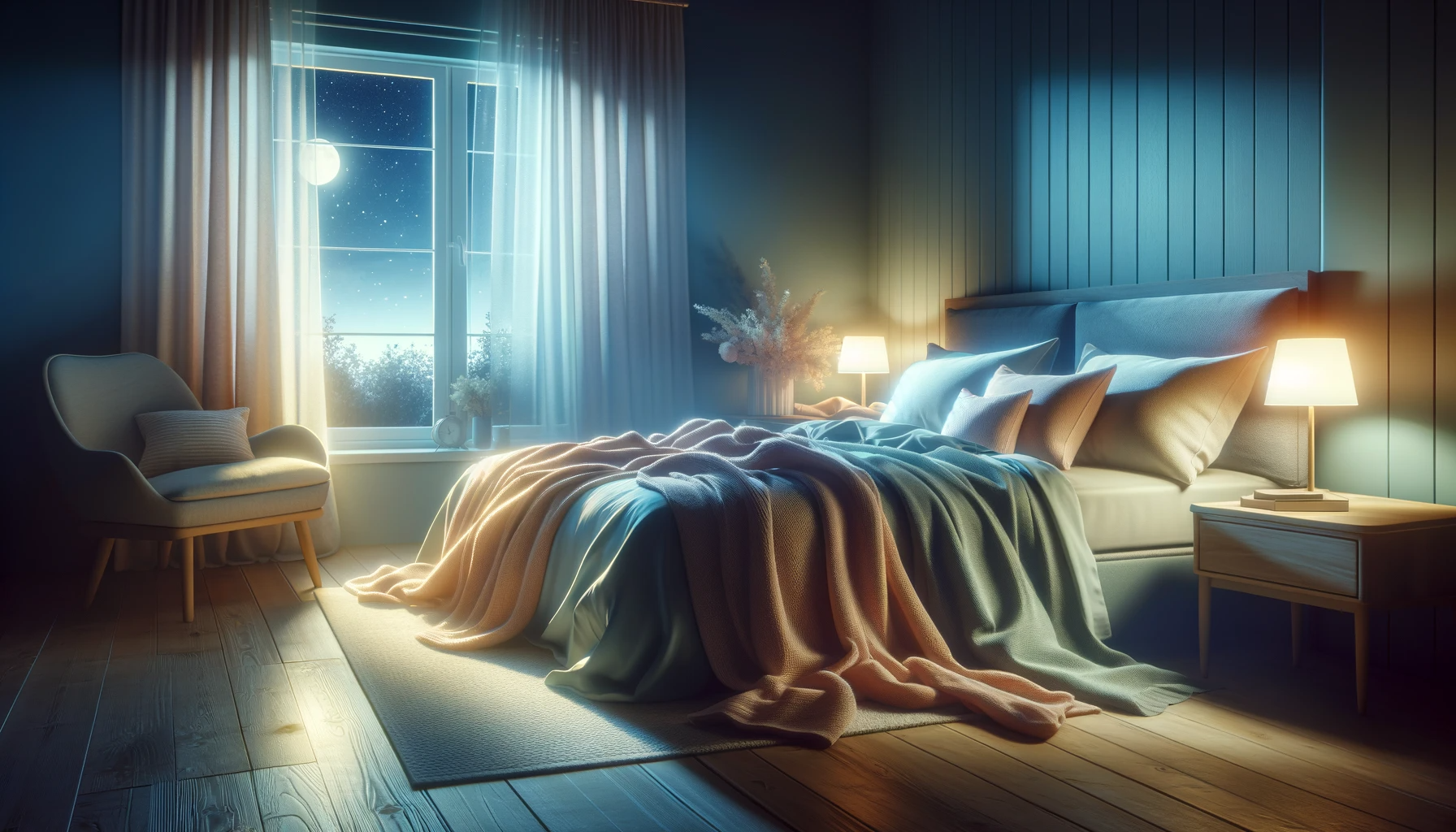 DALL·E 2024-01-11 11.18.35 - A tranquil and cozy bedroom setting at night, with a plush bed, soft pillows, and a warm blanket in soothing pastel colors. The room is dimly lit with