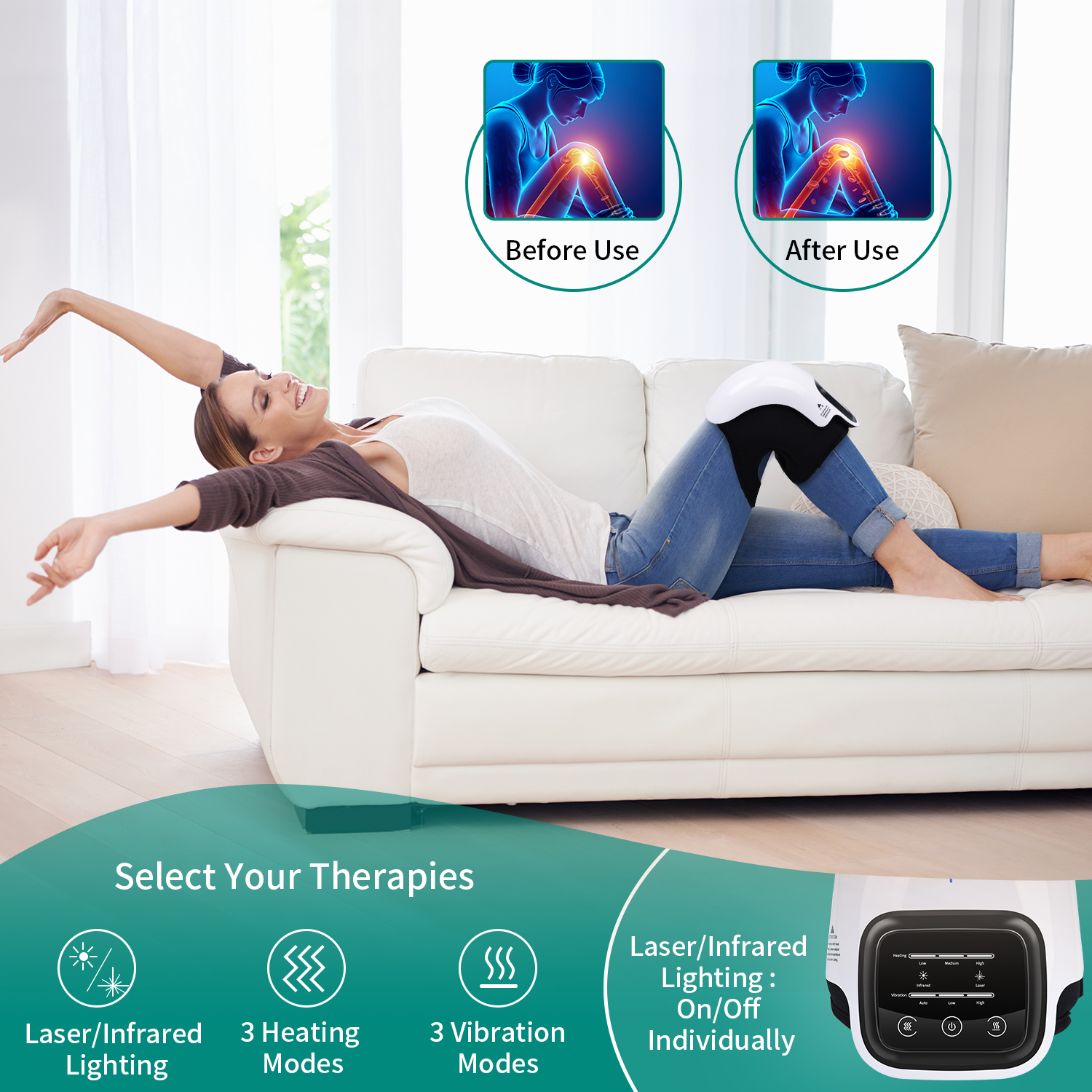 MEEEGOU Cordless Knee Massager, Powerful Battery Based Infrared Deep Heat Knee Joint Pain Relief for Swelling Stiff Joints, Stretched Ligament and Muscles Injuries.